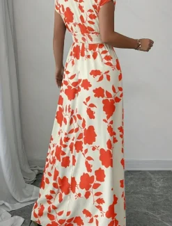 Women's Maxi Dress A Line Dress Vacation Casual Boho Outdoor Going out Standard Fit Floral Short Sleeve V Neck Black Red Blue Orange Summer