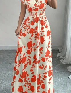 Women's Maxi Dress A Line Dress Vacation Casual Boho Outdoor Going out Standard Fit Floral Short Sleeve V Neck Black Red Blue Orange Summer