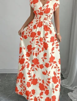 Women's Maxi Dress A Line Dress Vacation Casual Boho Outdoor Going out Standard Fit Floral Short Sleeve V Neck Black Red Blue Orange Summer
