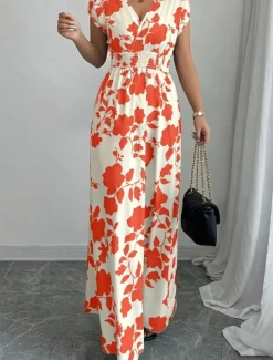 Women's Maxi Dress A Line Dress Vacation Casual Boho Outdoor Going out Standard Fit Floral Short Sleeve V Neck Black Red Blue Orange Summer