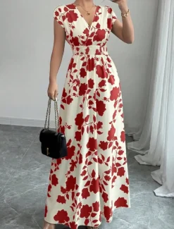 Women's Maxi Dress A Line Dress Vacation Casual Boho Outdoor Going out Standard Fit Floral Short Sleeve V Neck Black Red Blue Orange Summer