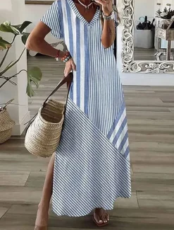 Women's Maxi Dress A Line Dress Summer Dress Vacation Casual Daily Regular Fit Graphic Striped Short Sleeve V Neck Pink Blue Gray Summer