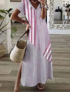 Women's Maxi Dress A Line Dress Summer Dress Vacation Casual Daily Regular Fit Graphic Striped Short Sleeve V Neck Pink Blue Gray Summer