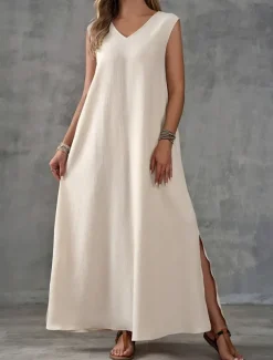 Women's Maxi Dress A Line Dress Summer Dress Casual Daily Regular Fit Plain Sleeveless V Neck Black White Light Purple Green Summer