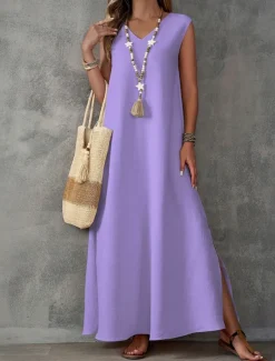 Women's Maxi Dress A Line Dress Summer Dress Casual Daily Regular Fit Plain Sleeveless V Neck Black White Light Purple Green Summer