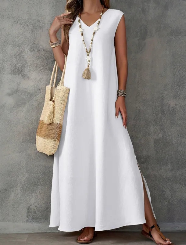 Women's Maxi Dress A Line Dress Summer Dress Casual Daily Regular Fit Plain Sleeveless V Neck Black White Light Purple Green Summer