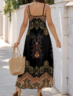 Women's Maxi Dress A Line Dress Slip Dress Vacation Casual Boho Going out Beach Regular Fit Floral Graphic Paisley Sleeveless V Neck Black Red Blue Purple Summer Spring