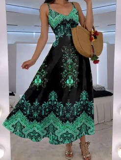 Women's Maxi Dress A Line Dress Slip Dress Vacation Casual Boho Going out Beach Regular Fit Floral Graphic Paisley Sleeveless V Neck Black Red Blue Purple Summer Spring