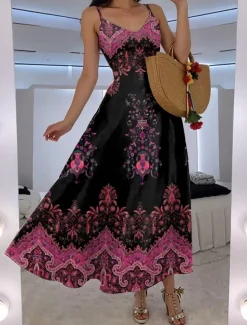 Women's Maxi Dress A Line Dress Slip Dress Vacation Casual Boho Going out Beach Regular Fit Floral Graphic Paisley Sleeveless V Neck Black Red Blue Purple Summer Spring