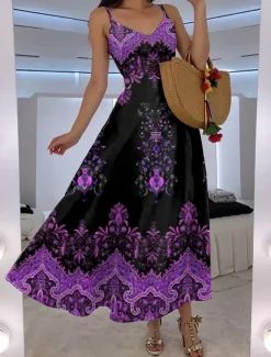 Women's Maxi Dress A Line Dress Slip Dress Vacation Casual Boho Going out Beach Regular Fit Floral Graphic Paisley Sleeveless V Neck Black Red Blue Purple Summer Spring