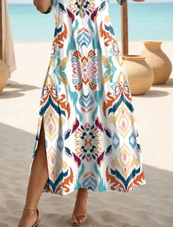 Women's Maxi Dress Black Dress Long Sleeve Boho Dress Elegant Vintage Butterfly Sleeve Vacation Beach Regular Fit Floral Graphic Vintage Short Sleeve Crew Neck Blue Purple Orange Summer