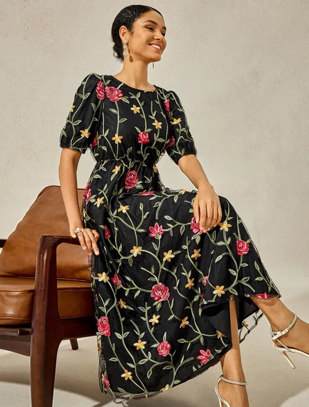 Women's Maxi Dress Black Dress A Line Dress Elegant Stylish Puff Sleeve Vacation Daily Loose Fit Floral Short Sleeve Crew Neck Black Summer