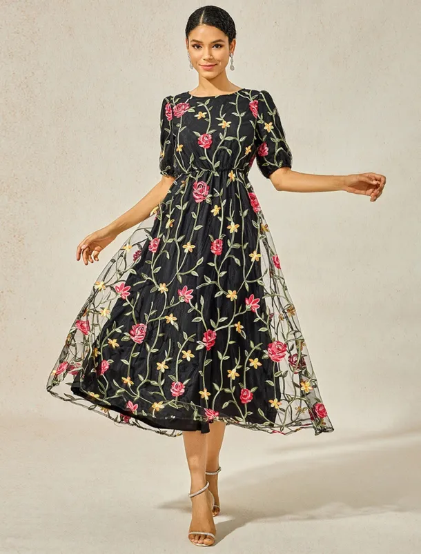 Women's Maxi Dress Black Dress A Line Dress Elegant Stylish Puff Sleeve Vacation Daily Loose Fit Floral Short Sleeve Crew Neck Black Summer