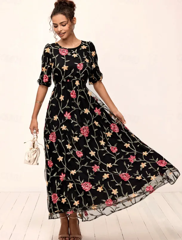 Women's Maxi Dress Black Dress A Line Dress Elegant Stylish Puff Sleeve Vacation Daily Loose Fit Floral Short Sleeve Crew Neck Black Summer