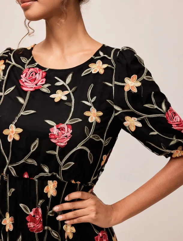 Women's Maxi Dress Black Dress A Line Dress Elegant Stylish Puff Sleeve Vacation Daily Loose Fit Floral Short Sleeve Crew Neck Black Summer