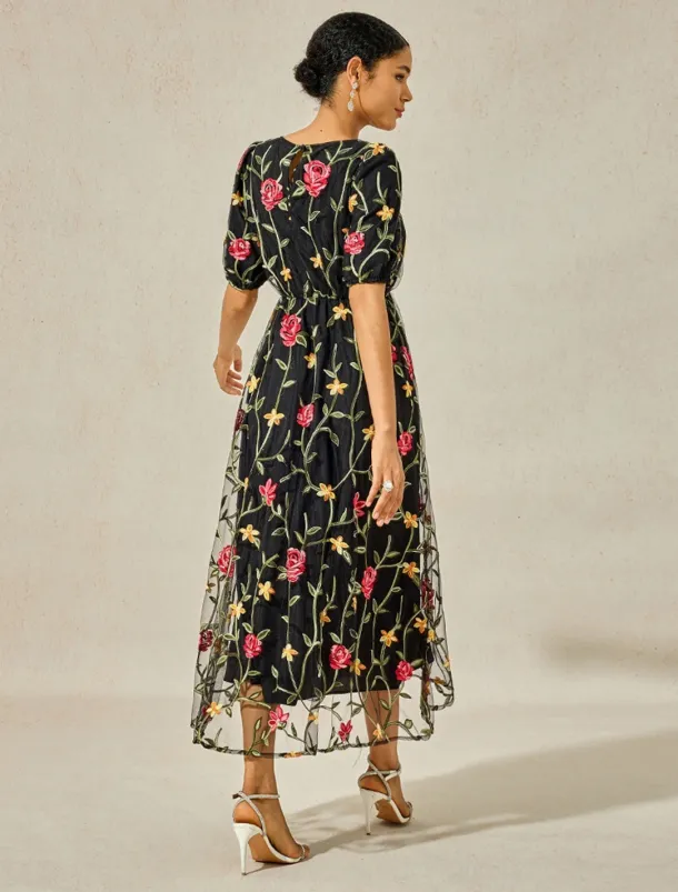 Women's Maxi Dress Black Dress A Line Dress Elegant Stylish Puff Sleeve Vacation Daily Loose Fit Floral Short Sleeve Crew Neck Black Summer