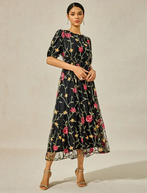 Women's Maxi Dress Black Dress A Line Dress Elegant Stylish Puff Sleeve Vacation Daily Loose Fit Floral Short Sleeve Crew Neck Black Summer
