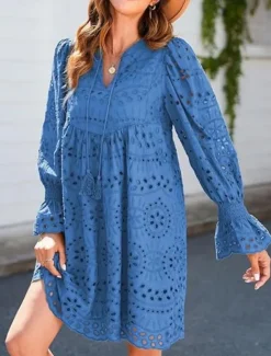 Women's Maxi Dress Casual Dress Cotton Maxi Dress Basic Casual Vacation Daily Regular Fit Plain Short Sleeve V Neck Blue Green Summer