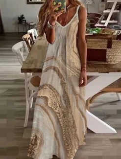 Women's Maxi Dress Casual Dress Sundress Floral Dress Basic Classic Casual Vacation Casual Daily Regular Fit Print Marble Sleeveless V Neck Khaki Light Blue Summer Spring