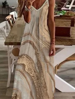 Women's Maxi Dress Casual Dress Sundress Floral Dress Basic Classic Casual Vacation Casual Daily Regular Fit Print Marble Sleeveless V Neck Khaki Light Blue Summer Spring