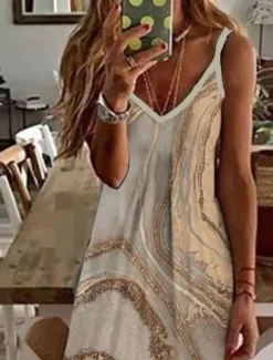 Women's Maxi Dress Casual Dress Sundress Floral Dress Basic Classic Casual Vacation Casual Daily Regular Fit Print Marble Sleeveless V Neck Khaki Light Blue Summer Spring