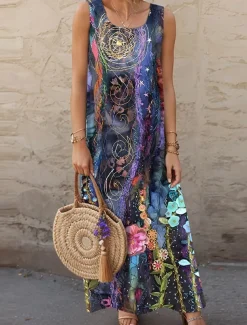 Women's Maxi Dress Casual Dress A Line Dress Stylish Casual Vacation Daily Regular Fit Floral Sleeveless Crew Neck Purple Spring Fall