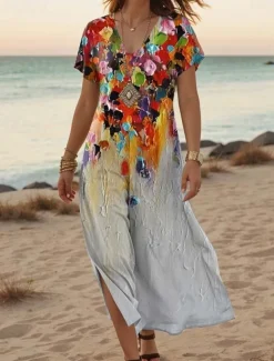 Women's Maxi Dress Casual Dress A Line Dress Stylish Casual Vacation Daily Regular Fit Floral Short Sleeve V Neck White Light Green Blue Green Summer Spring