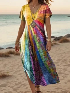 Women's Maxi Dress Casual Dress A Line Dress Stylish Casual Vacation Daily Regular Fit Floral Short Sleeve V Neck White Light Green Blue Green Summer Spring