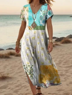 Women's Maxi Dress Casual Dress A Line Dress Stylish Casual Vacation Daily Regular Fit Floral Short Sleeve V Neck White Light Green Blue Green Summer Spring