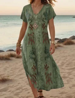 Women's Maxi Dress Casual Dress A Line Dress Stylish Casual Vacation Daily Regular Fit Floral Short Sleeve V Neck White Light Green Blue Green Summer Spring