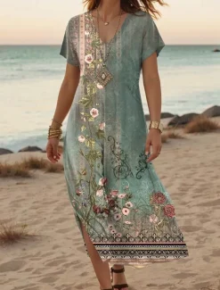 Women's Maxi Dress Casual Dress A Line Dress Stylish Casual Vacation Daily Regular Fit Floral Short Sleeve V Neck White Light Green Blue Green Summer Spring