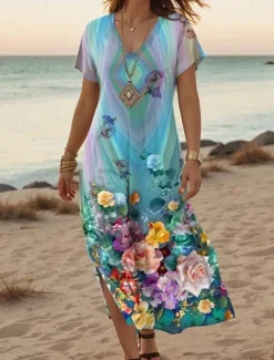Women's Maxi Dress Casual Dress A Line Dress Stylish Casual Vacation Daily Regular Fit Floral Short Sleeve V Neck White Light Green Blue Green Summer Spring