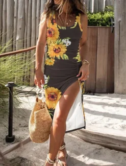 Women's Maxi Dress Casual Dress Bodycon Tank Dress Slip Dress Stylish Casual Vacation Daily Regular Fit Floral Sleeveless U Neck Black Fuchsia Light Blue Summer