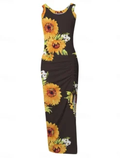 Women's Maxi Dress Casual Dress Bodycon Tank Dress Slip Dress Stylish Casual Vacation Daily Regular Fit Floral Sleeveless U Neck Black Fuchsia Light Blue Summer