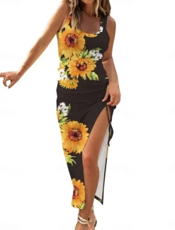 Women's Maxi Dress Casual Dress Bodycon Tank Dress Slip Dress Stylish Casual Vacation Daily Regular Fit Floral Sleeveless U Neck Black Fuchsia Light Blue Summer