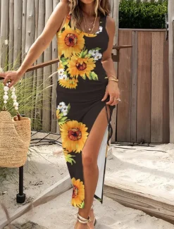 Women's Maxi Dress Casual Dress Bodycon Tank Dress Slip Dress Stylish Casual Vacation Daily Regular Fit Floral Sleeveless U Neck Black Fuchsia Light Blue Summer