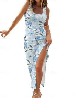 Women's Maxi Dress Casual Dress Bodycon Tank Dress Slip Dress Stylish Casual Vacation Daily Regular Fit Floral Sleeveless U Neck Black Fuchsia Light Blue Summer