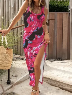 Women's Maxi Dress Casual Dress Bodycon Tank Dress Slip Dress Stylish Casual Vacation Daily Regular Fit Floral Sleeveless U Neck Black Fuchsia Light Blue Summer