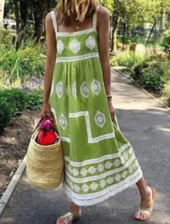 Women's Maxi Dress Casual Dress Boho Chic Dresses Boho Dress Bohemia Cute Stylish Vacation Daily Beach Loose Fit Graphic Sleeveless Square Neck Yellow Red Green Summer