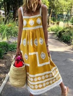Women's Maxi Dress Casual Dress Boho Chic Dresses Boho Dress Bohemia Cute Stylish Vacation Daily Beach Loose Fit Graphic Sleeveless Square Neck Yellow Red Green Summer