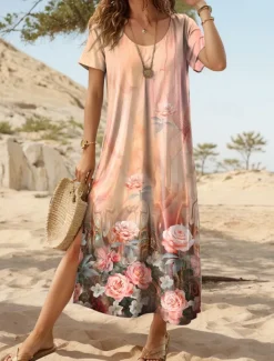 Women's Maxi Dress Casual Dress T Shirt Dress Tee Dress Sundress Hawaiian Date Regular Fit Floral Short Sleeve Crew Neck Orange Summer