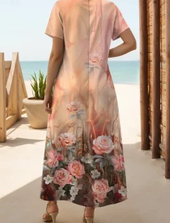 Women's Maxi Dress Casual Dress T Shirt Dress Tee Dress Sundress Hawaiian Date Regular Fit Floral Short Sleeve Crew Neck Orange Summer