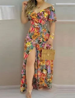 Women's Maxi Dress Casual Dress A Line Dress Stylish Casual Vacation Daily Regular Fit Floral Short Sleeve V Neck Green Spring Fall