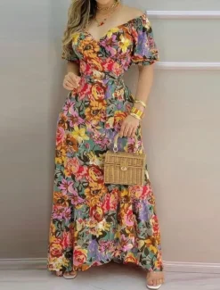 Women's Maxi Dress Casual Dress A Line Dress Stylish Casual Vacation Daily Regular Fit Floral Short Sleeve V Neck Green Spring Fall