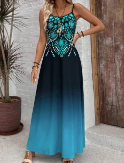 Women's Maxi Dress Casual Dress A Line Dress Summer Dress Slip Dress Vacation Vintage Ethnic Daily Regular Fit Ombre Graphic Sleeveless V Neck Blue Summer Spring