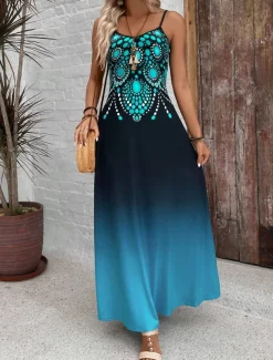Women's Maxi Dress Casual Dress A Line Dress Summer Dress Slip Dress Vacation Vintage Ethnic Daily Regular Fit Ombre Graphic Sleeveless V Neck Blue Summer Spring