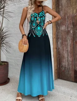 Women's Maxi Dress Casual Dress A Line Dress Summer Dress Slip Dress Vacation Vintage Ethnic Daily Regular Fit Ombre Graphic Sleeveless V Neck Blue Summer Spring