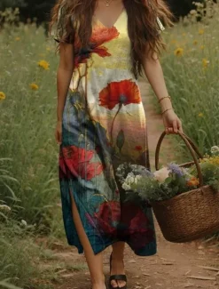 Women's Maxi Dress Casual Dress A Line Dress Bohemia Vacation Vintage Vacation Daily Regular Fit Floral Short Sleeve V Neck Yellow Light Green Orange Green Summer Spring