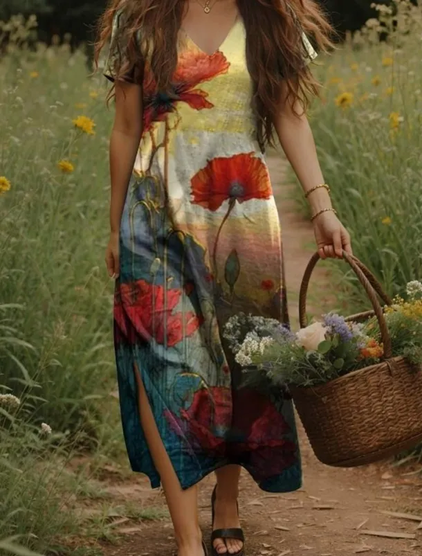 Women's Maxi Dress Casual Dress A Line Dress Bohemia Vacation Vintage Vacation Daily Regular Fit Floral Short Sleeve V Neck Yellow Light Green Orange Green Summer Spring