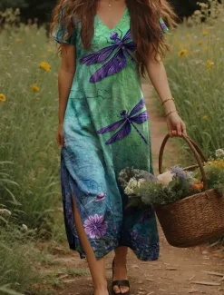 Women's Maxi Dress Casual Dress A Line Dress Bohemia Vacation Vintage Vacation Daily Regular Fit Floral Short Sleeve V Neck Yellow Light Green Orange Green Summer Spring